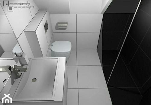 Projekt wnętrza domu jednorodzinnego z poddaszem użytkowym - Mała na poddaszu łazienka z oknem, styl minimalistyczny - zdjęcie od Darien Design