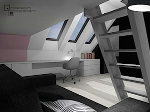 Projekt wnętrza domu jednorodzinnego z poddaszem użytkowym - Duży biały czarny różowy pokój dziecka dla nastolatka dla dziewczynki, styl minimalistyczny - zdjęcie od Darien Design