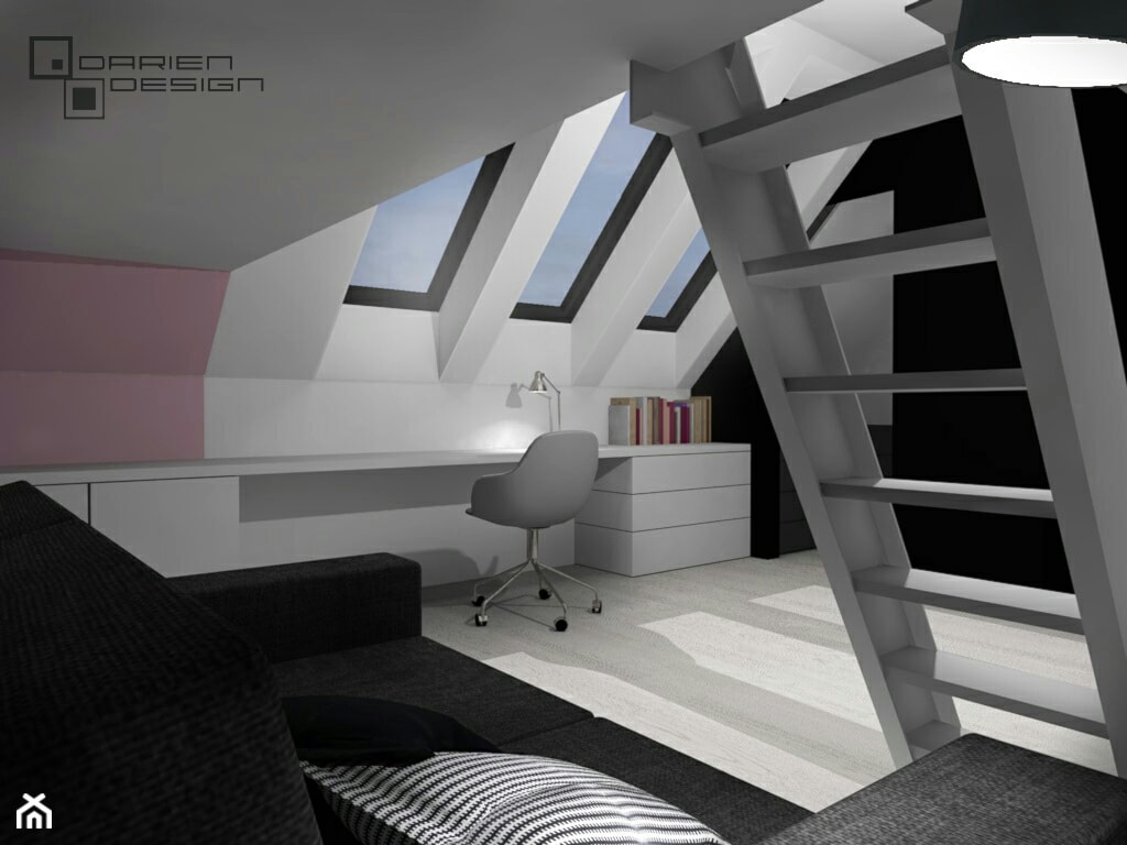 Projekt wnętrza domu jednorodzinnego z poddaszem użytkowym - Duży biały czarny różowy pokój dziecka ... - zdjęcie od Darien Design - Homebook
