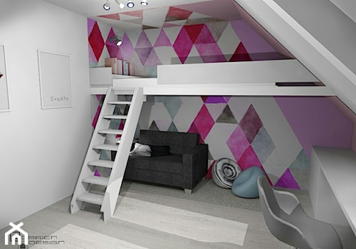 Projekt wnętrza domu jednorodzinnego z poddaszem użytkowym - Duży biały fioletowy różowy pokój dziecka dla nastolatka dla dziewczynki, styl minimalistyczny - zdjęcie od Darien Design