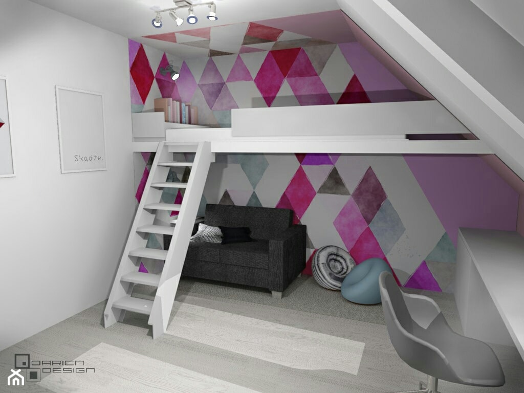 Projekt wnętrza domu jednorodzinnego z poddaszem użytkowym - Duży biały fioletowy różowy pokój dziec ... - zdjęcie od Darien Design - Homebook