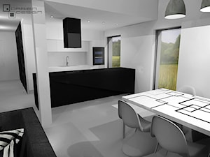 Projekt wnętrza domu jednorodzinnego z poddaszem użytkowym - Średnia biała szara jadalnia w salonie w kuchni, styl minimalistyczny - zdjęcie od Darien Design