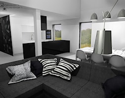 Projekt wnętrza domu jednorodzinnego z poddaszem użytkowym - Szary salon z kuchnią z jadalnią, styl ... - zdjęcie od Darien Design - Homebook
