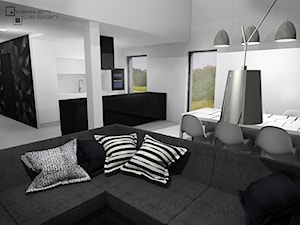Projekt wnętrza domu jednorodzinnego z poddaszem użytkowym - Szary salon z kuchnią z jadalnią, styl minimalistyczny - zdjęcie od Darien Design