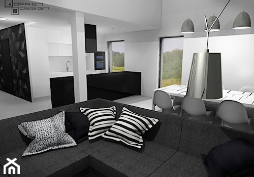 Projekt wnętrza domu jednorodzinnego z poddaszem użytkowym - Szary salon z kuchnią z jadalnią, styl minimalistyczny - zdjęcie od Darien Design