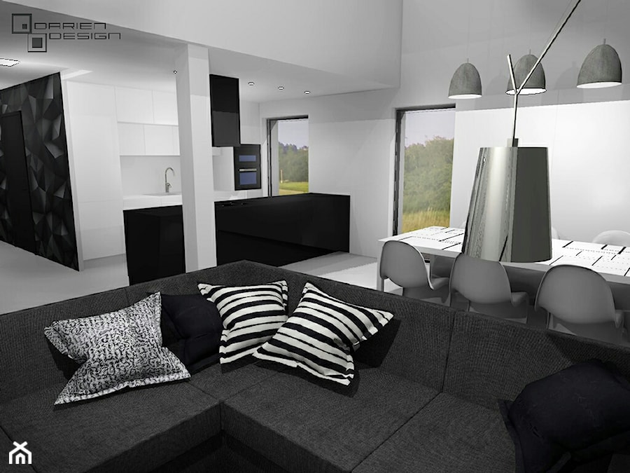 Projekt wnętrza domu jednorodzinnego z poddaszem użytkowym - Szary salon z kuchnią z jadalnią, styl ... - zdjęcie od Darien Design