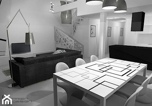 Projekt wnętrza domu jednorodzinnego z poddaszem użytkowym - Duża szara jadalnia w salonie, styl minimalistyczny - zdjęcie od Darien Design