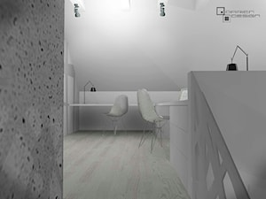 Projekt wnętrza domu jednorodzinnego z poddaszem użytkowym - Średnie z zabudowanym biurkiem białe biuro, styl minimalistyczny - zdjęcie od Darien Design