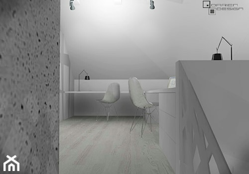 Projekt wnętrza domu jednorodzinnego z poddaszem użytkowym - Średnie z zabudowanym biurkiem białe biuro, styl minimalistyczny - zdjęcie od Darien Design