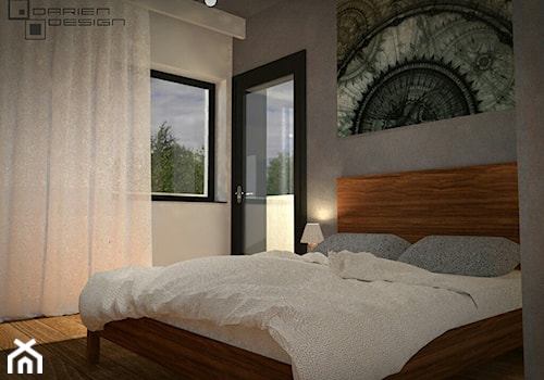 Projekt wnętrza domu jednorodzinnego - Mała biała szara sypialnia, styl industrialny - zdjęcie od Darien Design