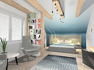 Dom w Tychach - Duża biała niebieska z biurkiem sypialnia na poddaszu - zdjęcie od Room no. 7