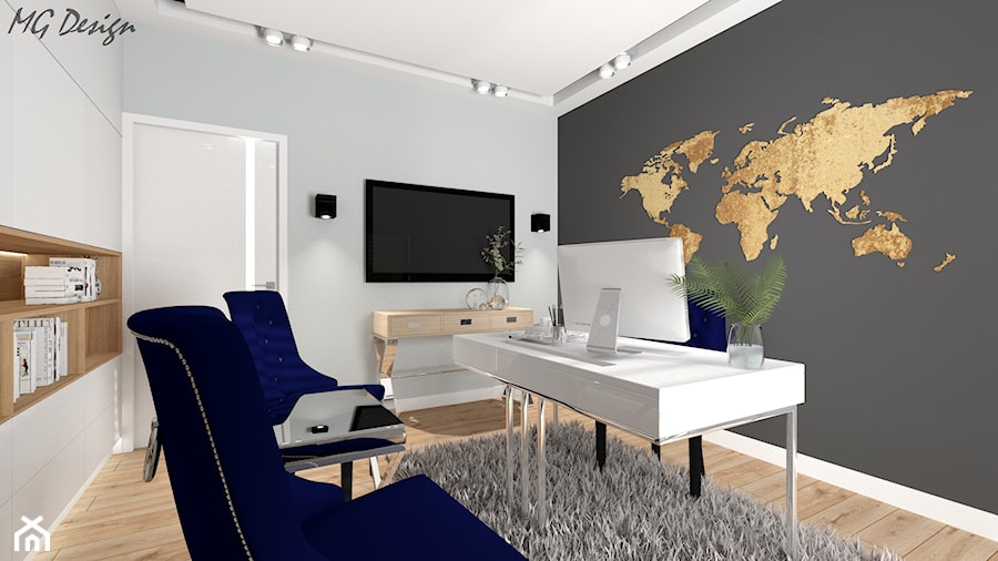 Dom dla dwojga - Śmiechowice - Średnie w osobnym pomieszczeniu niebieskie szare biuro, styl glamour - zdjęcie od MG Design