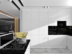 Dom dla dwojga - Śmiechowice - Duża otwarta z salonem z kamiennym blatem czarna szara z zabudowaną lodówką kuchnia w kształcie litery g z marmurem nad blatem kuchennym, styl glamour - zdjęcie od MG Design
