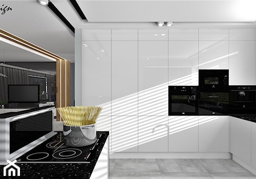 Dom dla dwojga - Śmiechowice - Duża otwarta z salonem z kamiennym blatem czarna szara z zabudowaną lodówką kuchnia w kształcie litery g z marmurem nad blatem kuchennym, styl glamour - zdjęcie od MG Design