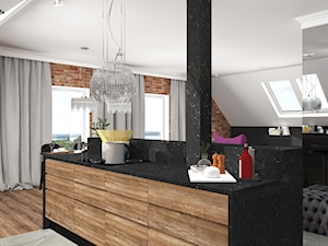 Mieszkanie na poddaszu w Opolskim - Średnia otwarta z salonem czarna szara z zabudowaną lodówką kuchnia dwurzędowa z oknem z marmurem nad blatem kuchennym, styl glamour - zdjęcie od MG Design