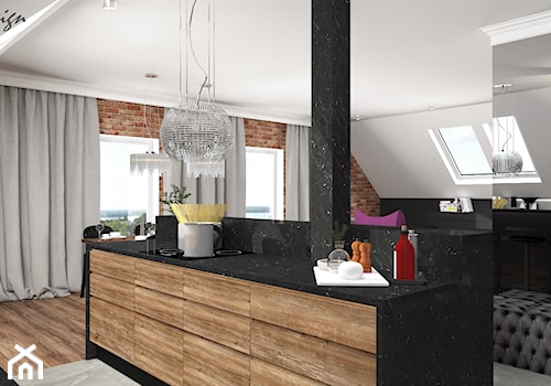 Mieszkanie na poddaszu w Opolskim - Średnia otwarta z salonem czarna szara z zabudowaną lodówką kuchnia dwurzędowa z oknem z marmurem nad blatem kuchennym, styl glamour - zdjęcie od MG Design