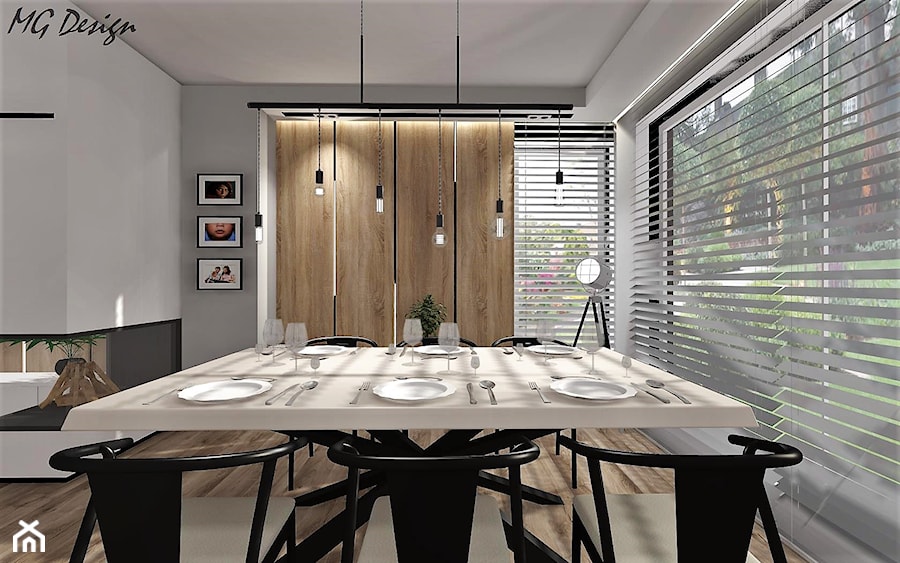 Dom w Lędzinach - Duża biała szara jadalnia w salonie, styl nowoczesny - zdjęcie od MG Design