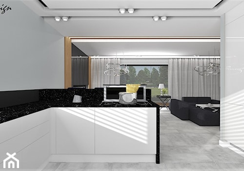 Dom dla dwojga - Śmiechowice - Średnia otwarta z salonem czarna szara z zabudowaną lodówką z lodówką wolnostojącą kuchnia w kształcie litery g z oknem, styl glamour - zdjęcie od MG Design