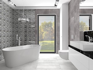 Dom dla dwojga - Śmiechowice - Średnia z lustrem z dwoma umywalkami z punktowym oświetleniem łazienka z oknem, styl glamour - zdjęcie od MG Design