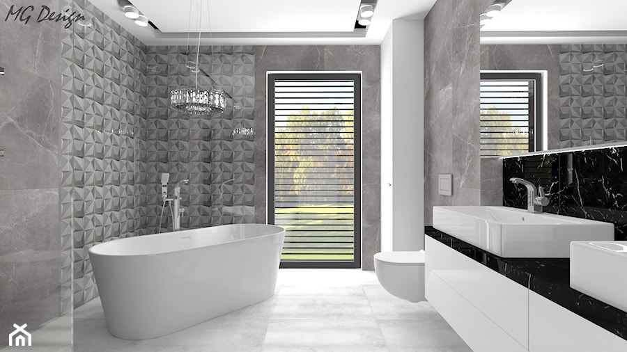 Dom dla dwojga - Śmiechowice - Średnia z lustrem z dwoma umywalkami z punktowym oświetleniem łazienka z oknem, styl glamour - zdjęcie od MG Design