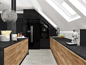 Mieszkanie na poddaszu w Opolskim - Duża otwarta biała czarna z zabudowaną lodówką z lodówką wolnostojącą z nablatowym zlewozmywakiem kuchnia w kształcie litery l z wyspą lub półwyspem z oknem, styl glamour - zdjęcie od MG Design
