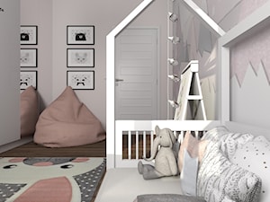 Pokój Dominiki - Mały biały szary z panelami tapicerowanymi pokój dziecka dla dziecka dla dziewczynki, styl skandynawski - zdjęcie od MG Design