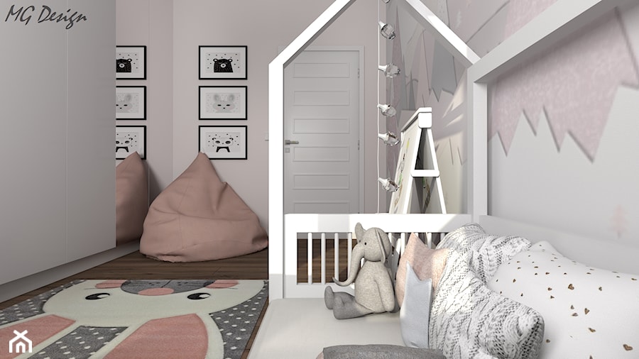 Pokój Dominiki - Mały biały szary z panelami tapicerowanymi pokój dziecka dla dziecka dla dziewczynki, styl skandynawski - zdjęcie od MG Design