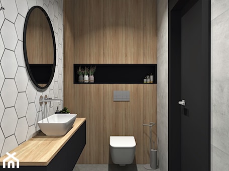 Aranżacje wnętrz - Łazienka: Mała łazienka dla gości z dodatkiem drewna i betonu - MG Design. Przeglądaj, dodawaj i zapisuj najlepsze zdjęcia, pomysły i inspiracje designerskie. W bazie mamy już prawie milion fotografii!
