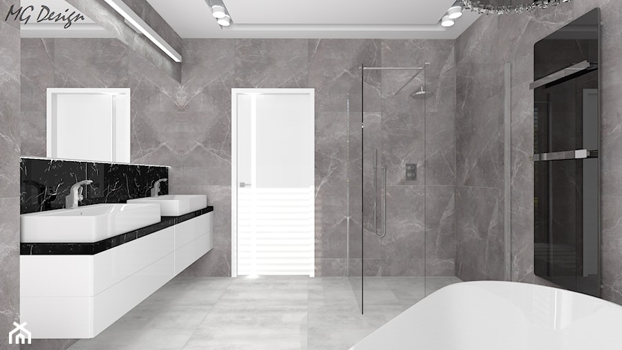 Dom dla dwojga - Śmiechowice - Średnia bez okna z lustrem z dwoma umywalkami z punktowym oświetleniem łazienka, styl glamour - zdjęcie od MG Design