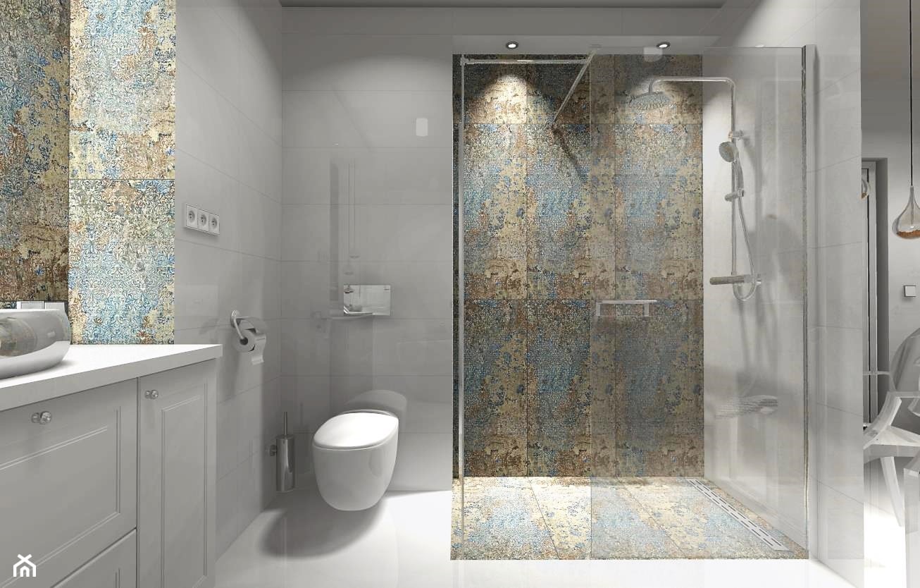 Łazienka 9m2 z użyciem płytki Carpet Vestige - Średnia bez okna z lustrem z punktowym oświetleniem łazienka - zdjęcie od MG Design - Homebook