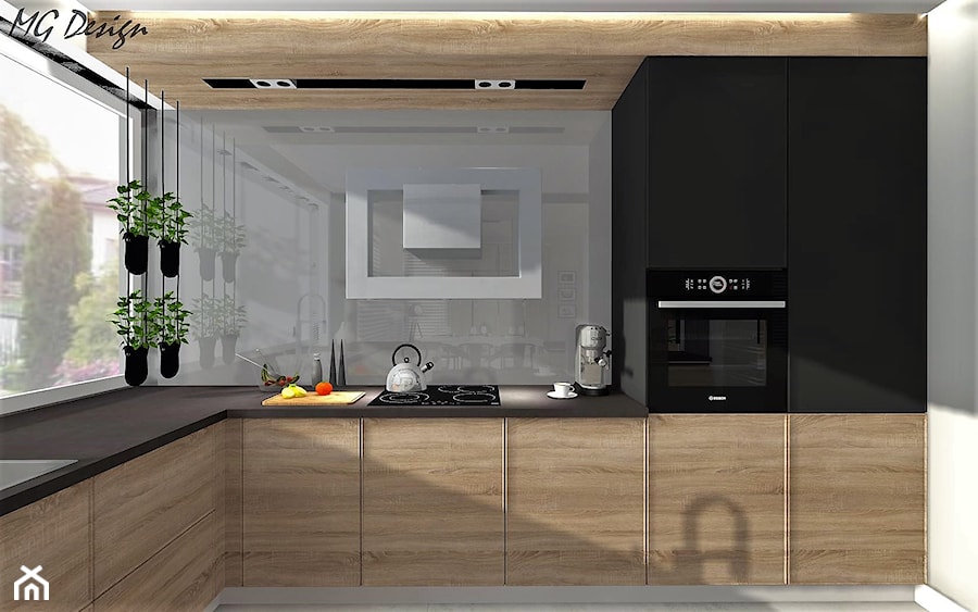 Dom w Lędzinach - Średnia zamknięta z kamiennym blatem czarna szara z zabudowaną lodówką z lodówką wolnostojącą z nablatowym zlewozmywakiem kuchnia w kształcie litery l z oknem, styl nowoczesny - zdjęcie od MG Design