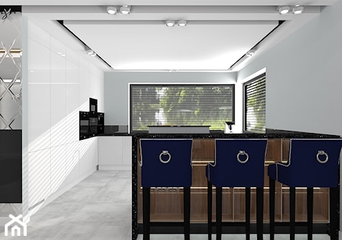 Dom dla dwojga - Śmiechowice - Duża otwarta z kamiennym blatem biała szara z zabudowaną lodówką kuchnia w kształcie litery g z oknem, styl glamour - zdjęcie od MG Design