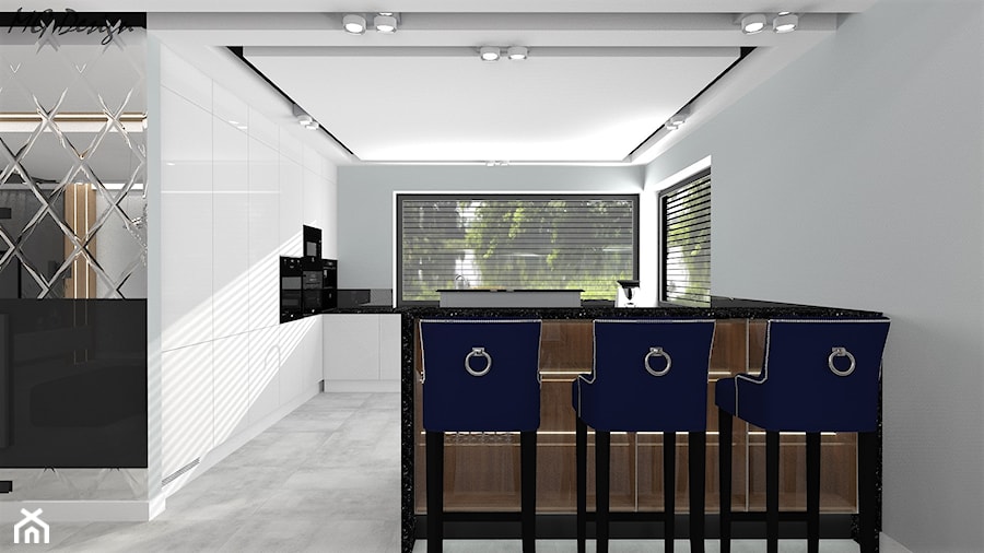 Dom dla dwojga - Śmiechowice - Duża otwarta z kamiennym blatem biała szara z zabudowaną lodówką kuchnia w kształcie litery g z oknem, styl glamour - zdjęcie od MG Design