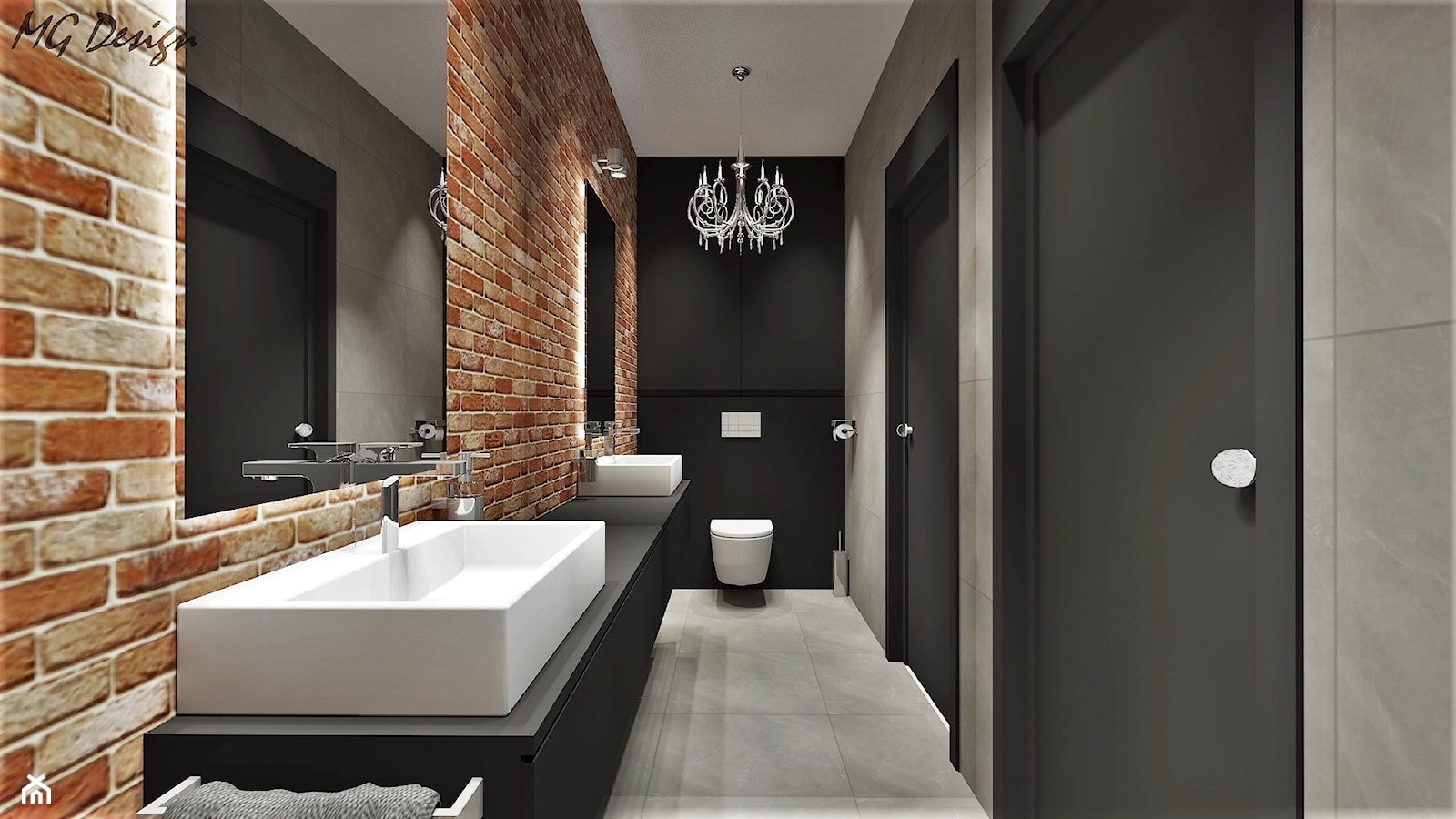 Toaleta ze ścianą ceglaną i lustrzaną - zdjęcie od MG Design - Homebook