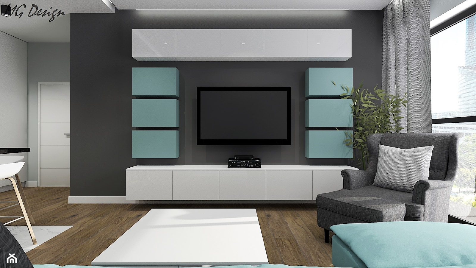 Salon ze ścianą TV Ikea - zdjęcie od MG Design - Homebook