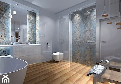 Łazienka 9m2 z użyciem płytki Carpet Vestige - Duża bez okna z punktowym oświetleniem łazienka - zdjęcie od MG Design