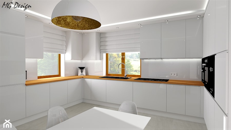 Kuchnia w bieli - Ozimek - Duża zamknięta biała z zabudowaną lodówką z podblatowym zlewozmywakiem kuchnia w kształcie litery u z oknem, styl nowoczesny - zdjęcie od MG Design