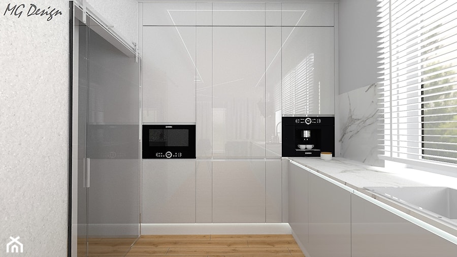Dom w Walidrogach - Średnia szara z zabudowaną lodówką z podblatowym zlewozmywakiem kuchnia w kształcie litery l z oknem z marmurem nad blatem kuchennym, styl nowoczesny - zdjęcie od MG Design