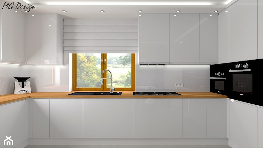 Kuchnia w bieli - Ozimek - Średnia zamknięta szara z zabudowaną lodówką z lodówką wolnostojącą z nablatowym zlewozmywakiem kuchnia w kształcie litery u z oknem, styl nowoczesny - zdjęcie od MG Design