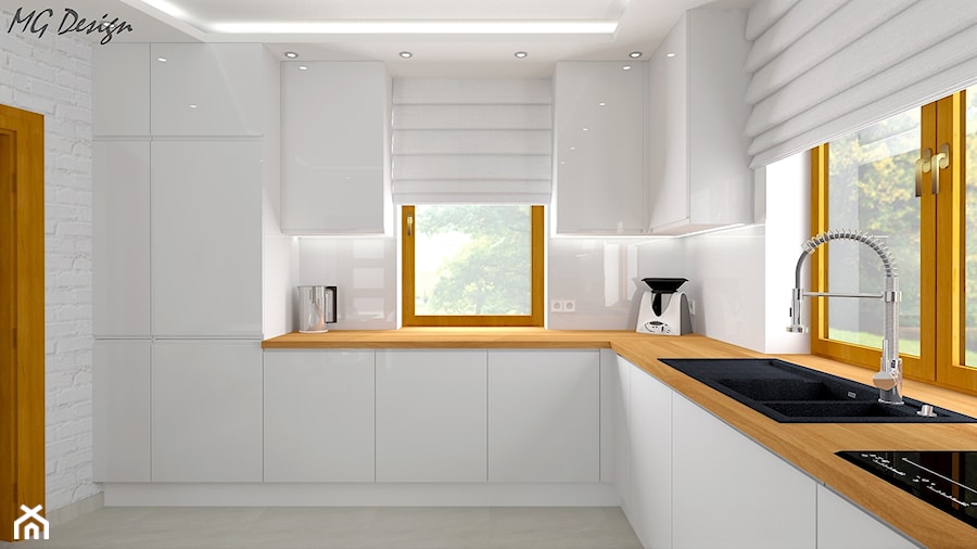 Kuchnia w bieli - Ozimek - Średnia zamknięta biała z zabudowaną lodówką z lodówką wolnostojącą z nablatowym zlewozmywakiem kuchnia w kształcie litery l z oknem, styl nowoczesny - zdjęcie od MG Design