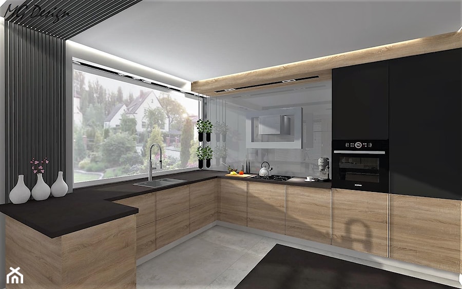 Dom w Lędzinach - Duża otwarta z salonem szara z zabudowaną lodówką z nablatowym zlewozmywakiem kuchnia w kształcie litery g z oknem, styl nowoczesny - zdjęcie od MG Design