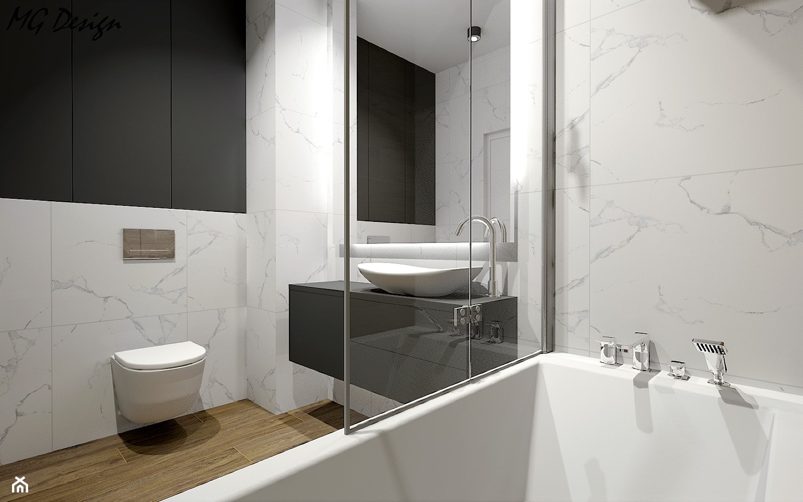 Mala łazienka marmur, drewno, antracyt - zdjęcie od MG Design - Homebook