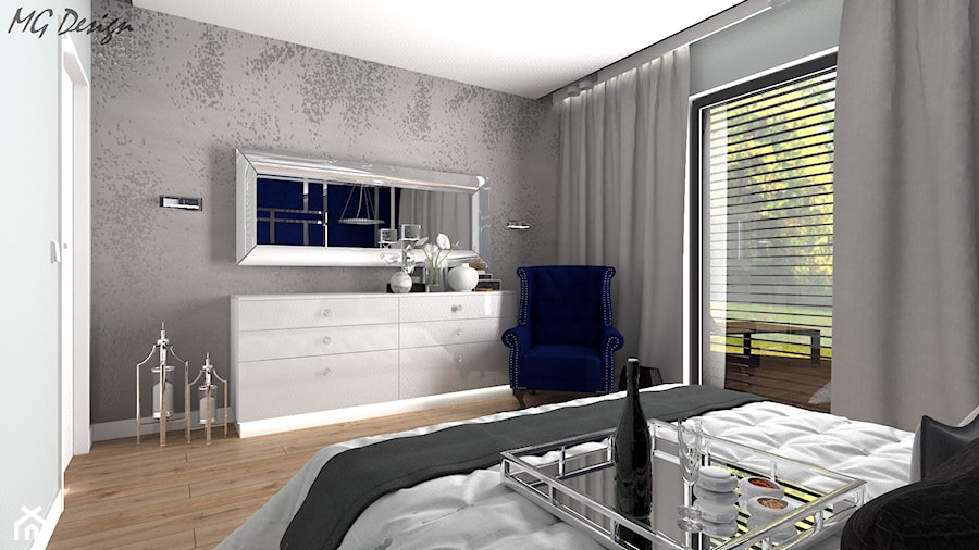 Dom dla dwojga - Śmiechowice - Średnia biała szara sypialnia z balkonem / tarasem, styl glamour - zdjęcie od MG Design