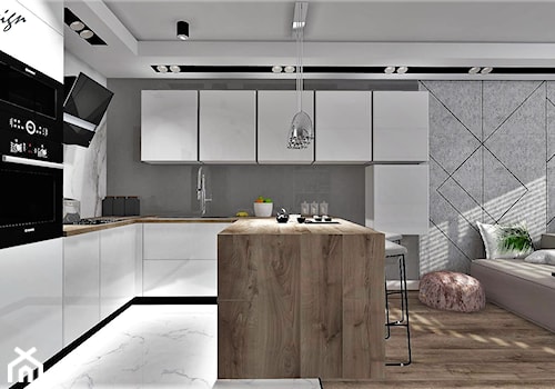 Kuchnia otwarta z białymi meblami i drewnianym blatem - zdjęcie od MG Design