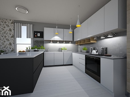 Aranżacje wnętrz - Kuchnia: kitchen - Duża otwarta szara z zabudowaną lodówką kuchnia w kształcie litery u z oknem, styl skandynawski - augustyndesign. Przeglądaj, dodawaj i zapisuj najlepsze zdjęcia, pomysły i inspiracje designerskie. W bazie mamy już prawie milion fotografii!