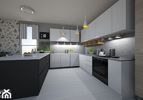 kitchen - Duża otwarta szara z zabudowaną lodówką kuchnia w kształcie litery u z oknem, styl skandynawski - zdjęcie od augustyndesign
