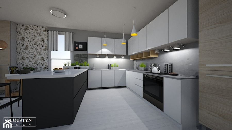 kitchen - Duża otwarta szara z zabudowaną lodówką kuchnia w kształcie litery u z oknem, styl skandynawski - zdjęcie od augustyndesign