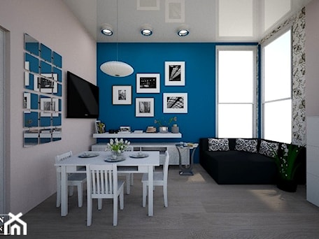 Aranżacje wnętrz - Salon: living room - Średni niebieski szary salon z jadalnią, styl tradycyjny - augustyndesign. Przeglądaj, dodawaj i zapisuj najlepsze zdjęcia, pomysły i inspiracje designerskie. W bazie mamy już prawie milion fotografii!