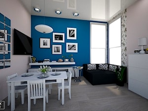 living room - Mały beżowy niebieski salon z jadalnią, styl tradycyjny - zdjęcie od augustyndesign
