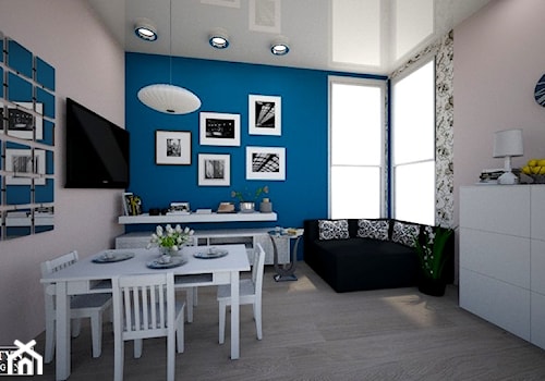 living room - Mały beżowy niebieski salon z jadalnią, styl tradycyjny - zdjęcie od augustyndesign
